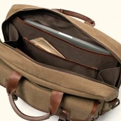 Buffalo Jackson Trading Co. Dakota Reserve Waxed Canvas Leather Briefcase | Field Khaki With Chestnut Brown