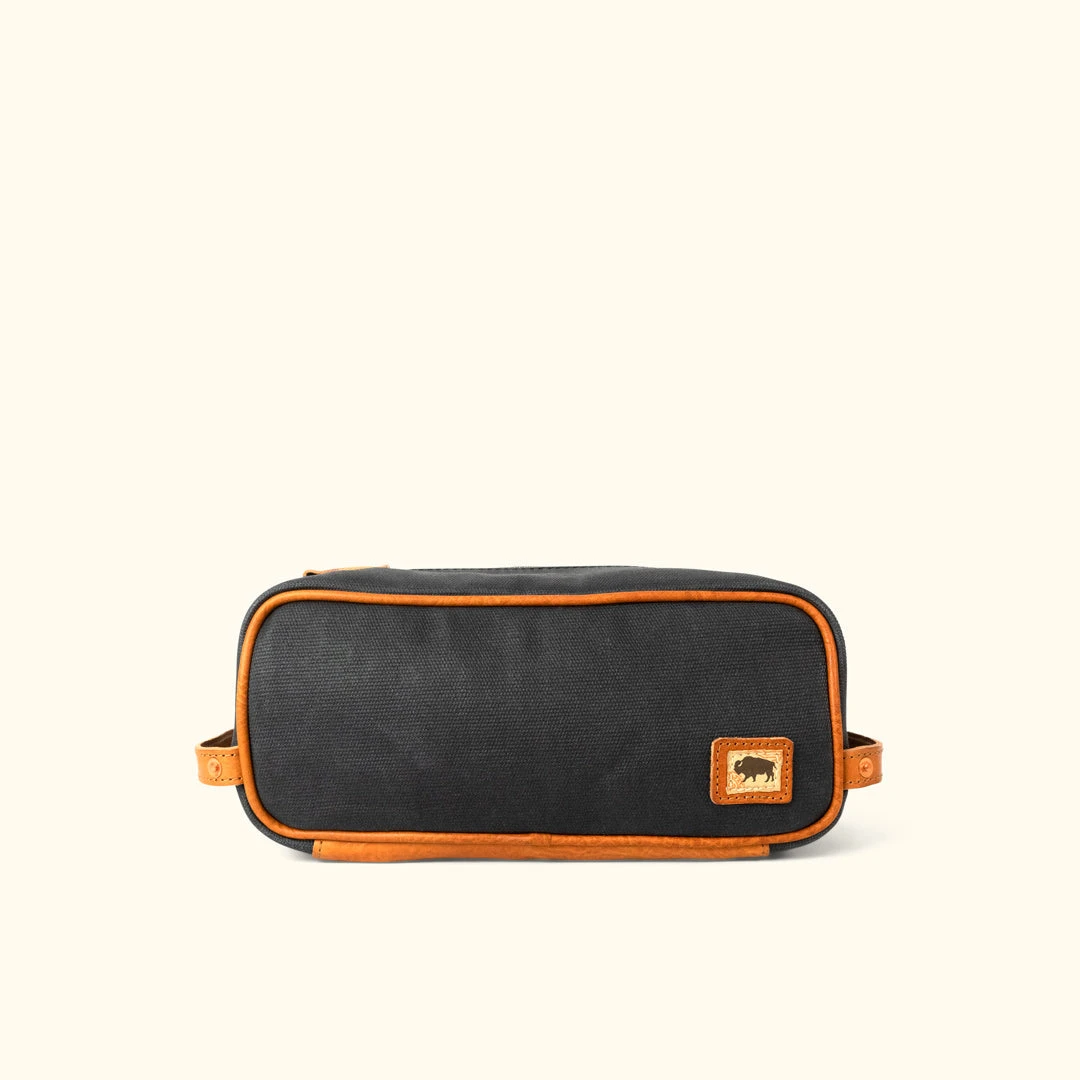 Buffalo Jackson Trading Co. Dakota Waxed Canvas Dopp Kit Toiletry Bag | Navy Charcoal W/ Saddle Tan Leather