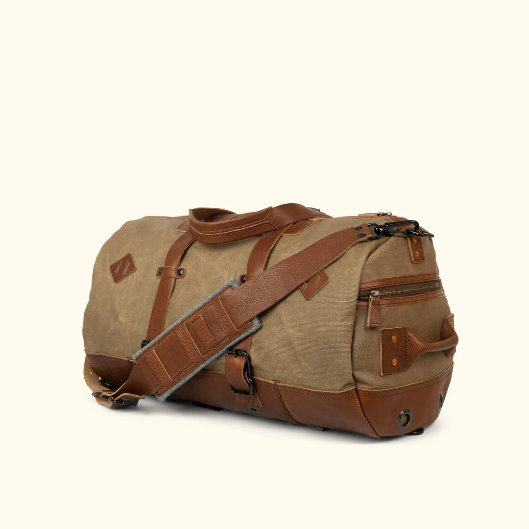 Buffalo Jackson Trading Co. Dakota Waxed Canvas Duffle Bag/Backpack | Field Khaki W/ Chestnut Brown Leather