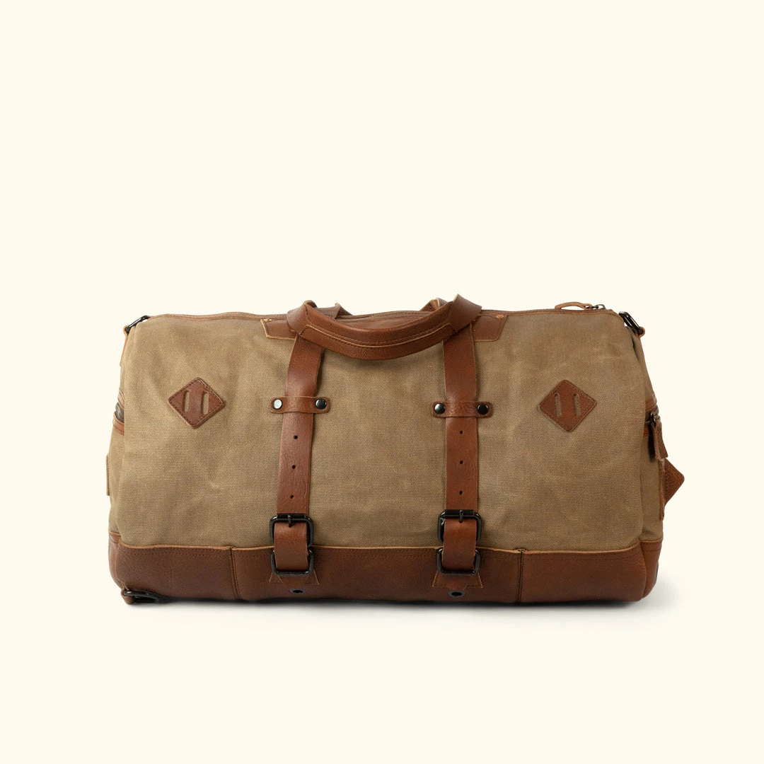 Buffalo Jackson Trading Co. Dakota Waxed Canvas Duffle Bag/Backpack | Field Khaki W/ Chestnut Brown Leather