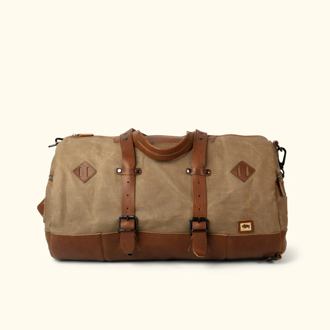 Buffalo Jackson Trading Co. Dakota Waxed Canvas Duffle Bag/Backpack | Field Khaki W/ Chestnut Brown Leather