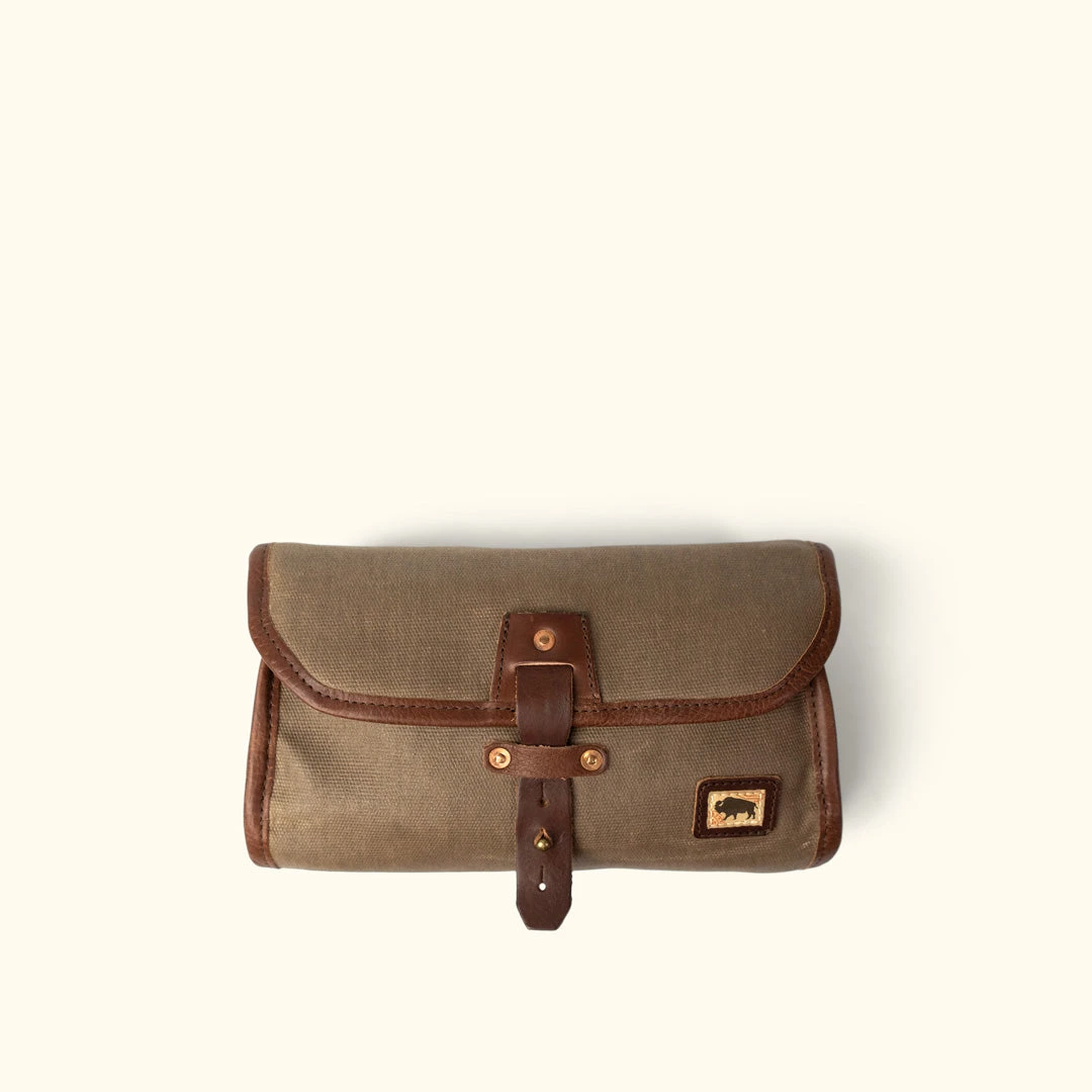 Buffalo Jackson Trading Co. Dakota Waxed Canvas Hanging Toiletry Bag/Dopp Kit | Field Khaki W/ Chestnut Brown Leather 3 Buffalo Jackson Trading Co. Dakota Waxed Canvas Hanging Toiletry Bag/Dopp Kit | Field Khaki W/ Chestnut Brown Leather