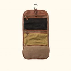 Buffalo Jackson Trading Co. Dakota Waxed Canvas Hanging Toiletry Bag/Dopp Kit | Field Khaki W/ Chestnut Brown Leather