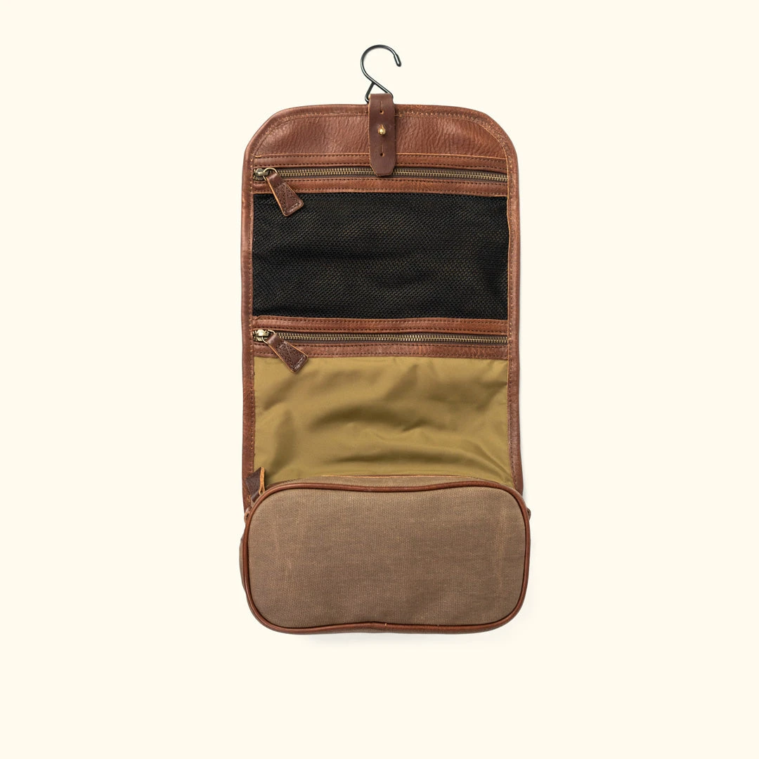 Buffalo Jackson Trading Co. Dakota Waxed Canvas Hanging Toiletry Bag/Dopp Kit | Field Khaki W/ Chestnut Brown Leather 4 Buffalo Jackson Trading Co. Dakota Waxed Canvas Hanging Toiletry Bag/Dopp Kit | Field Khaki W/ Chestnut Brown Leather