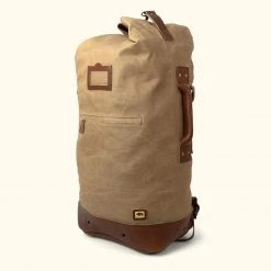 Buffalo Jackson Trading Co. Dakota Waxed Canvas Military Sea Bag Backpack | Field Khaki W/ Chestnut Brown Leather
