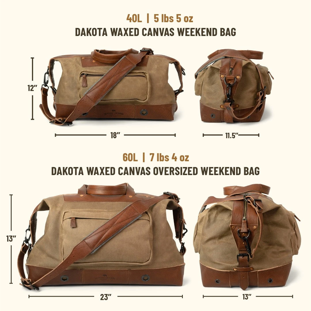 Buffalo Jackson Trading Co. Leather Duffle Bags Dakota Waxed Canvas Weekend Bag | Field Khaki W/ Chestnut Brown Leather Buffalo Jackson Trading Co. Leather Duffle Bags Dakota Waxed Canvas Weekend Bag | Field Khaki W/ Chestnut Brown Leather