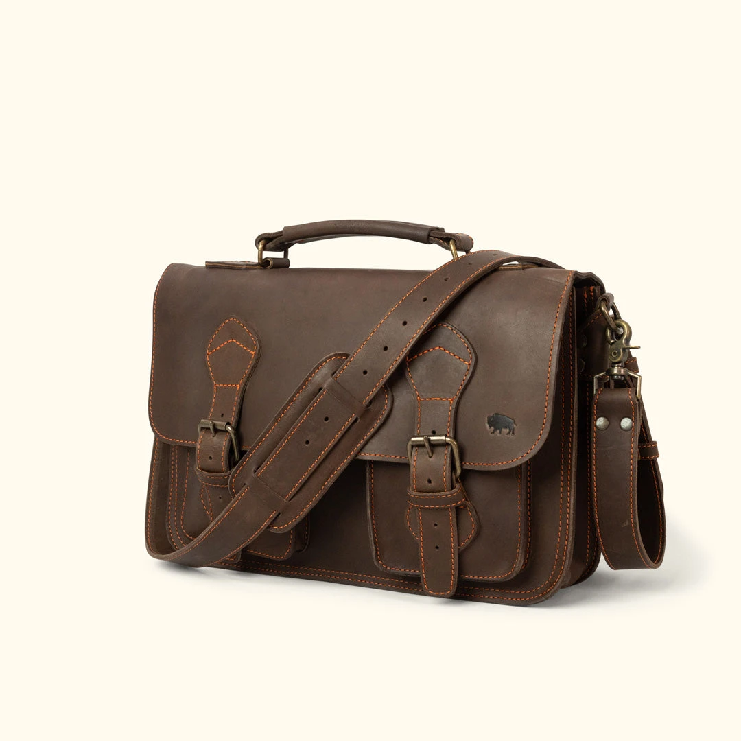 Buffalo Jackson Trading Co. Outlet Denver Leather Briefcase | Limited Edition - Dark Briar W/ Orange Stitching