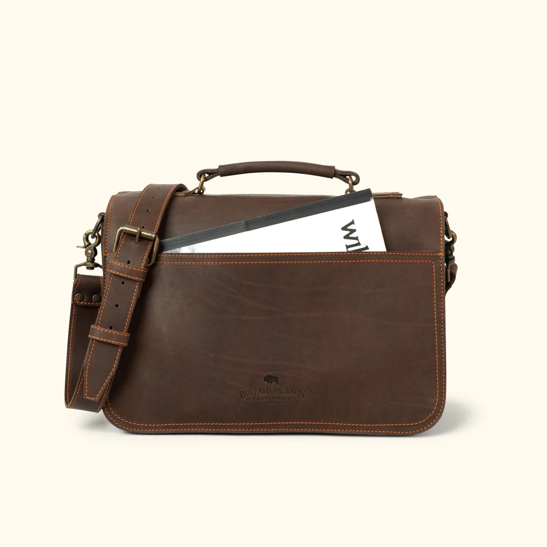 Buffalo Jackson Trading Co. Outlet Denver Leather Briefcase | Limited Edition - Dark Briar W/ Orange Stitching