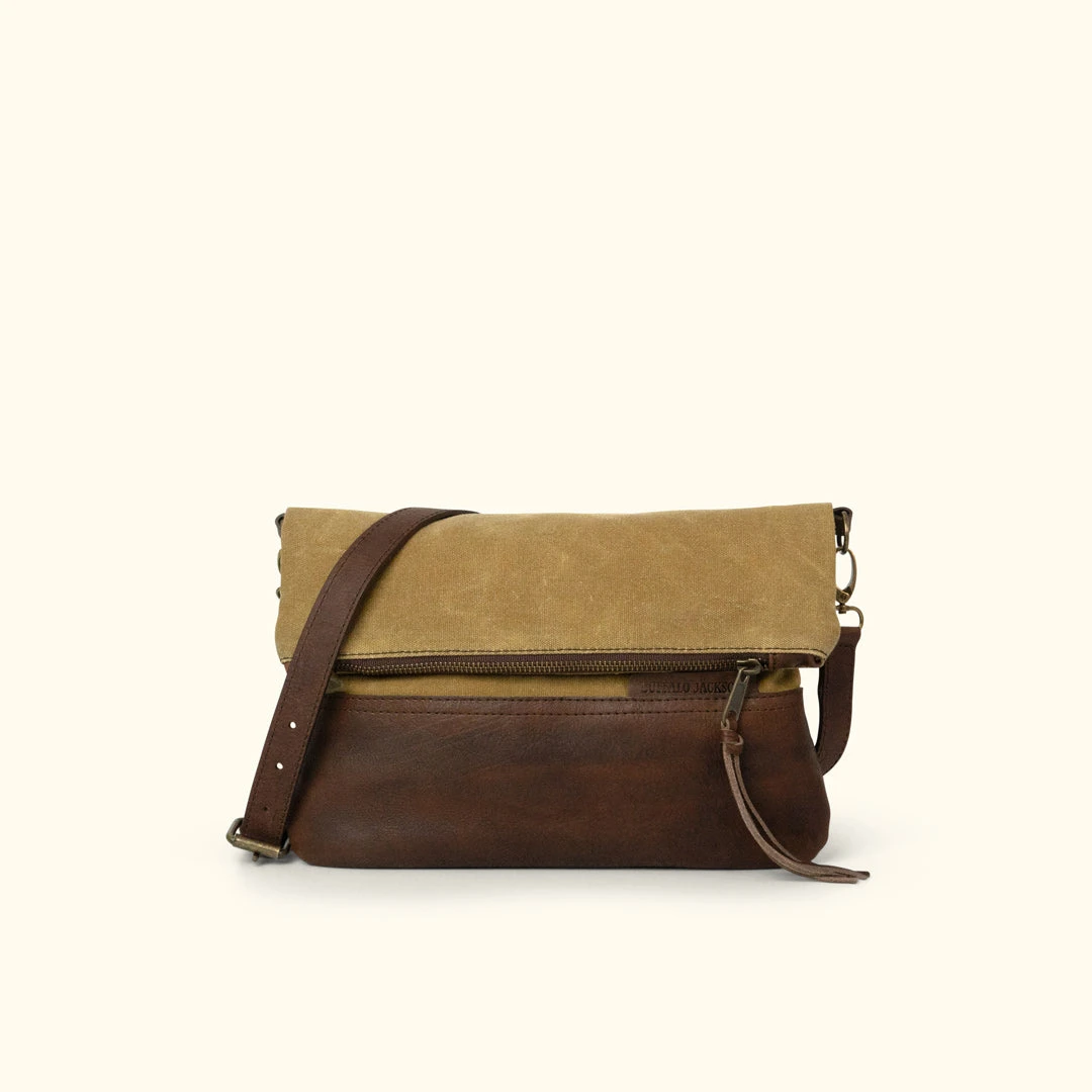 Buffalo Jackson Trading Co. Madison Waxed Canvas Crossbody Foldover Clutch | Khaki W/ Dark Hazelnut Leather