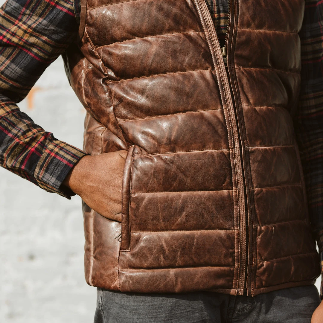 Buffalo Jackson Trading Co. Leather Jackets Bridger Leather Down Vest | Dark Brown Buffalo Jackson Trading Co. Leather Jackets Bridger Leather Down Vest | Dark Brown