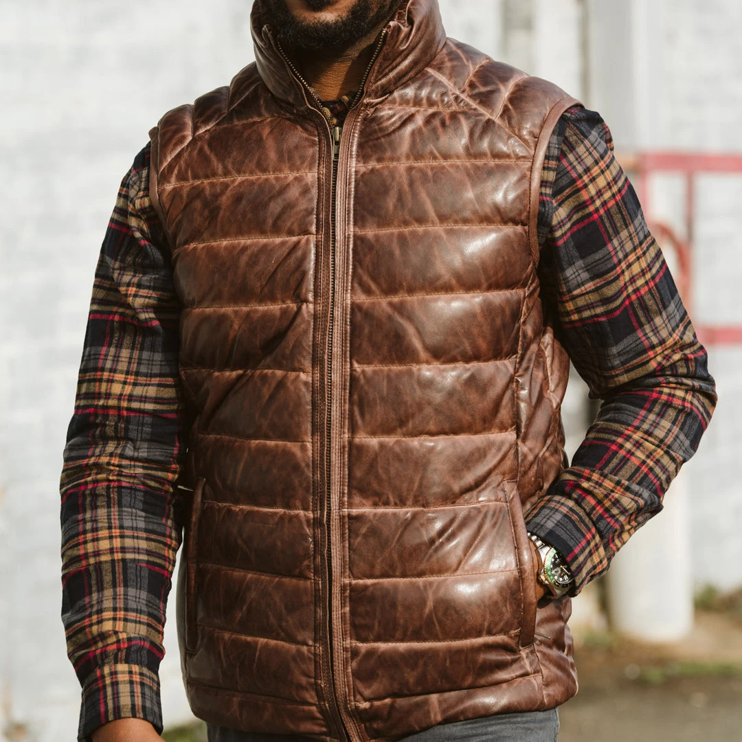 Buffalo Jackson Trading Co. Leather Jackets Bridger Leather Down Vest | Dark Brown Buffalo Jackson Trading Co. Leather Jackets Bridger Leather Down Vest | Dark Brown