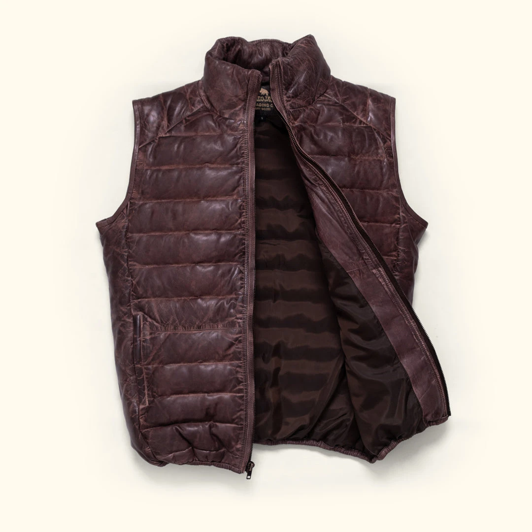 Buffalo Jackson Trading Co. Leather Jackets Bridger Leather Down Vest | Dark Brown Buffalo Jackson Trading Co. Leather Jackets Bridger Leather Down Vest | Dark Brown