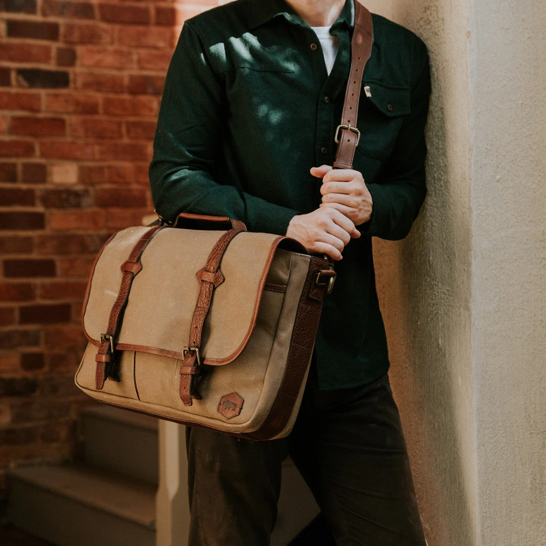 Buffalo Jackson Trading Co. Dakota Reserve Waxed Canvas Leather Messenger Bag | Field Khaki Buffalo Jackson Trading Co. Dakota Reserve Waxed Canvas Leather Messenger Bag | Field Khaki