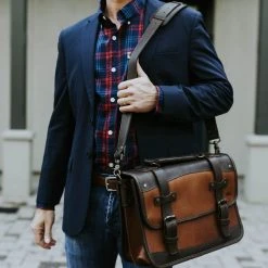 Buffalo Jackson Trading Co. Denver Leather Belted Briefcase | Autumn Brown & Dark Briar Leather Briefcases