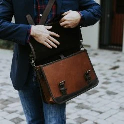 Buffalo Jackson Trading Co. Denver Leather Belted Briefcase | Autumn Brown & Dark Briar Leather Briefcases