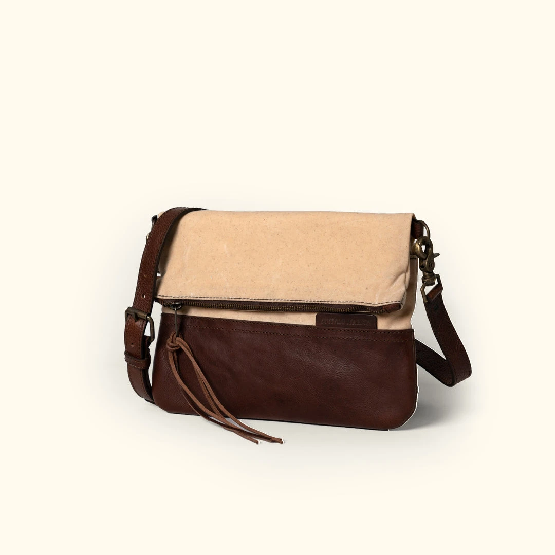 Buffalo Jackson Trading Co. Madison Waxed Canvas Crossbody Foldover Clutch | Cotton Summer W/ Dark Hazelnut Leather 4 Buffalo Jackson Trading Co. Madison Waxed Canvas Crossbody Foldover Clutch | Cotton Summer W/ Dark Hazelnut Leather