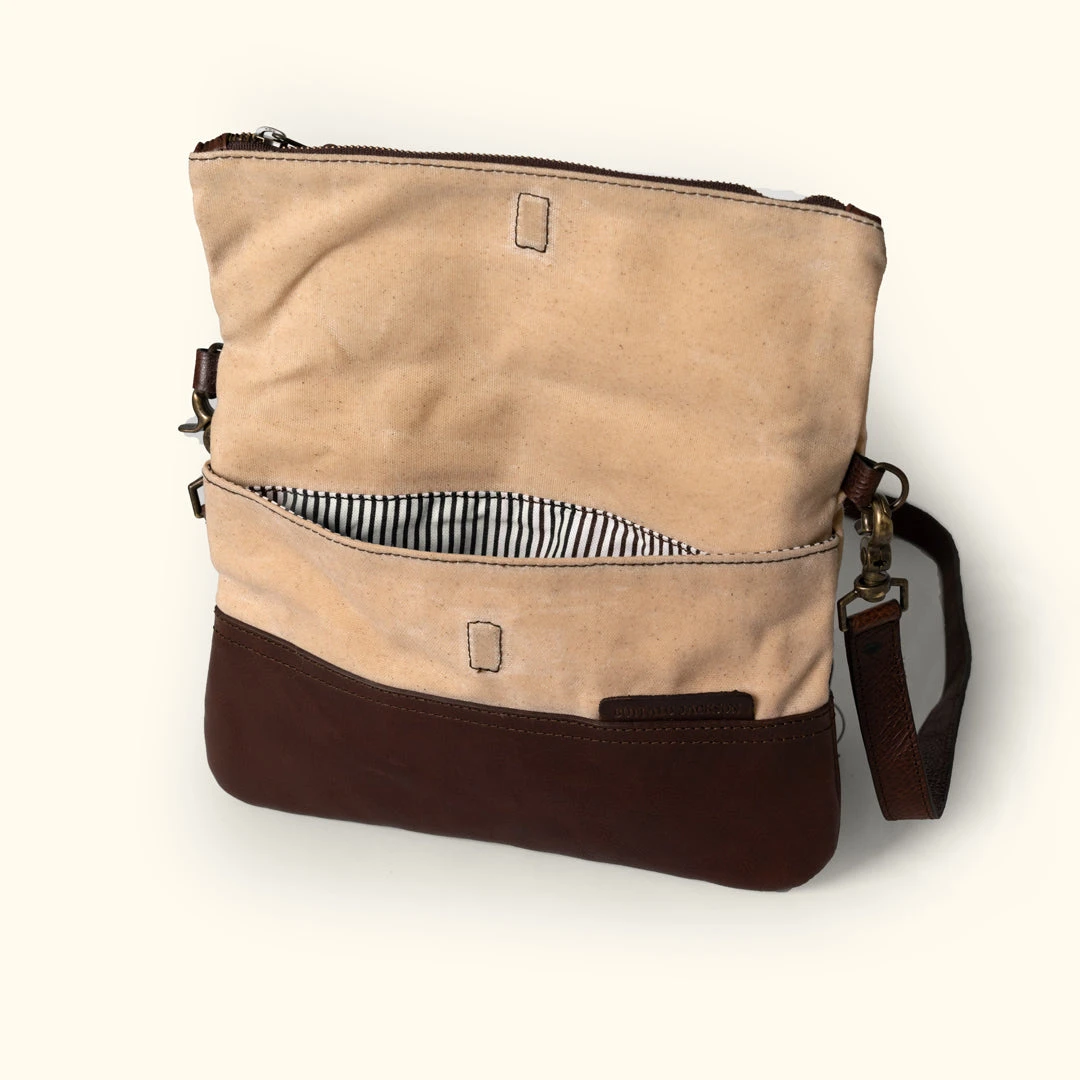 Buffalo Jackson Trading Co. Madison Waxed Canvas Crossbody Foldover Clutch | Cotton Summer W/ Dark Hazelnut Leather 6 Buffalo Jackson Trading Co. Madison Waxed Canvas Crossbody Foldover Clutch | Cotton Summer W/ Dark Hazelnut Leather