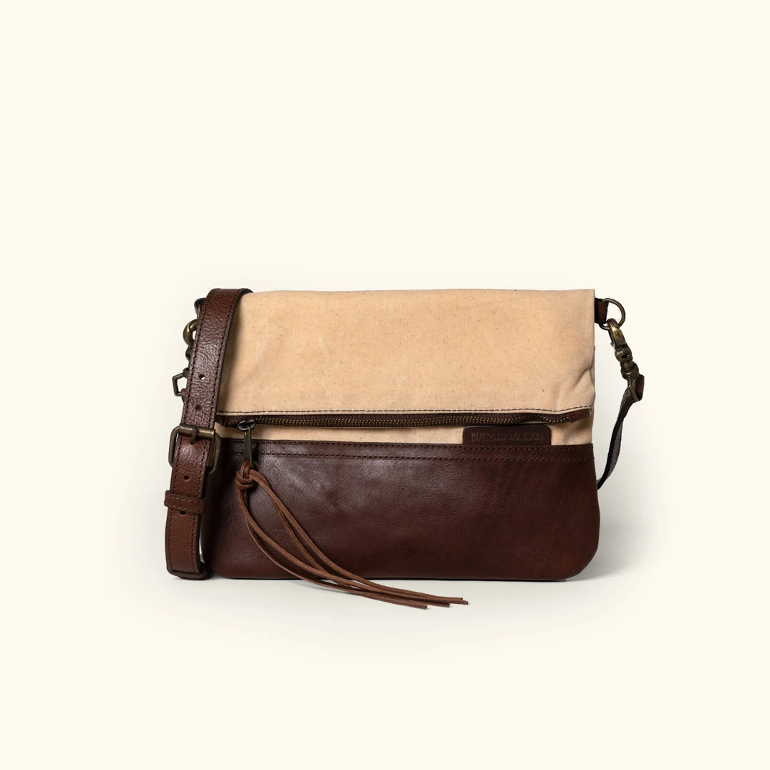 Buffalo Jackson Trading Co. Madison Waxed Canvas Crossbody Foldover Clutch | Cotton Summer W/ Dark Hazelnut Leather 3 Buffalo Jackson Trading Co. Madison Waxed Canvas Crossbody Foldover Clutch | Cotton Summer W/ Dark Hazelnut Leather