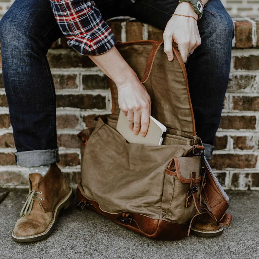 Buffalo Jackson Trading Co. Dakota Waxed Canvas Messenger Bag | Field Khaki W/ Chestnut Brown Leather New 11 Buffalo Jackson Trading Co. Dakota Waxed Canvas Messenger Bag | Field Khaki W/ Chestnut Brown Leather New