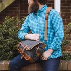 Buffalo Jackson Trading Co. Dakota Waxed Canvas Messenger Bag | Navy Charcoal W/ Saddle Tan Leather Leather Messenger Bags