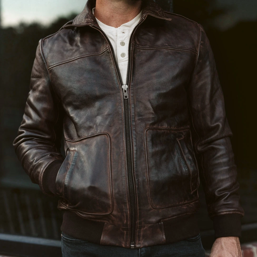 Buffalo Jackson Trading Co. Leather Jackets Maverick Leather Bomber Jacket | Distressed Brown Buffalo Jackson Trading Co. Leather Jackets Maverick Leather Bomber Jacket | Distressed Brown