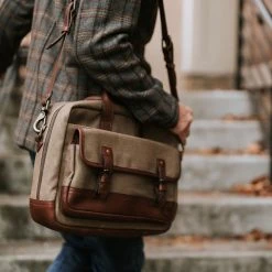 Buffalo Jackson Trading Co. Dakota Reserve Waxed Canvas Leather Briefcase | Field Khaki With Chestnut Brown
