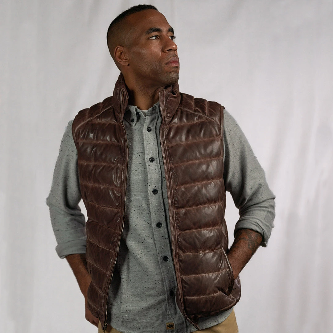 Buffalo Jackson Trading Co. Leather Jackets Bridger Leather Down Vest | Dark Brown Buffalo Jackson Trading Co. Leather Jackets Bridger Leather Down Vest | Dark Brown
