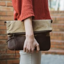 Buffalo Jackson Trading Co. Madison Waxed Canvas Crossbody Foldover Clutch | Khaki W/ Dark Hazelnut Leather