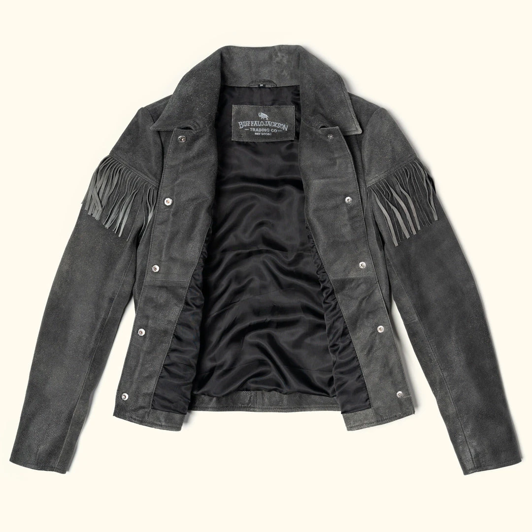 Buffalo Jackson Trading Co. Women's Oakley Fringe Leather Jacket | Grey Buffalo Jackson Trading Co. Women's Oakley Fringe Leather Jacket | Grey